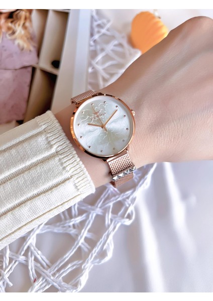 Hasır Kordonlu Rose Gold Kararmaz Renk Atmaz 3 Atm Özel Tasarım Kadın Kol Saati BF21087CWT-C modelleri