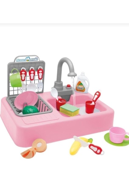 7010 Modern Lavabo Pilli Çeşmeli Mutfak 25 Prç Pembe