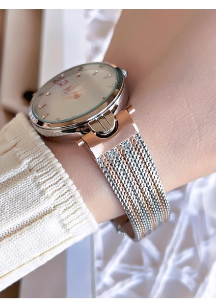 Hasır Kordonlu Gümüş/rose Kararmaz Renk Atmaz 3 Atm Özel Tasarım Kadın Kol Saati BFL21318CWT-E fiyatları