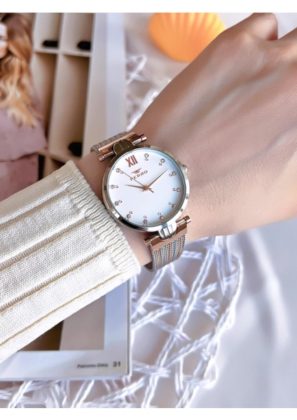 Hasır Kordonlu Gümüş/rose Kararmaz Renk Atmaz 3 Atm Özel Tasarım Kadın Kol Saati BFL21318CWT-E modelleri