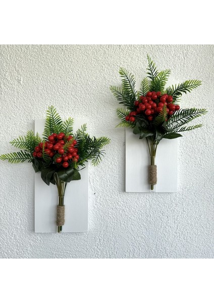 Kırmızı Kokina Çiçekli Duvar Dekoru Beyaz İkili Set