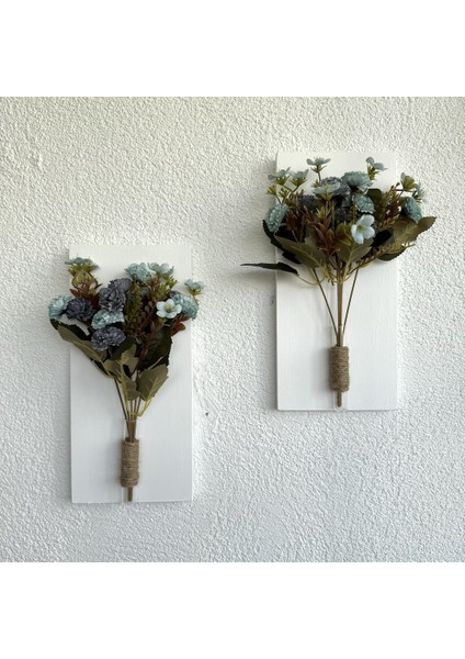 Mavi Karanfil Çiçekli Duvar Dekoru Beyaz İkili Set