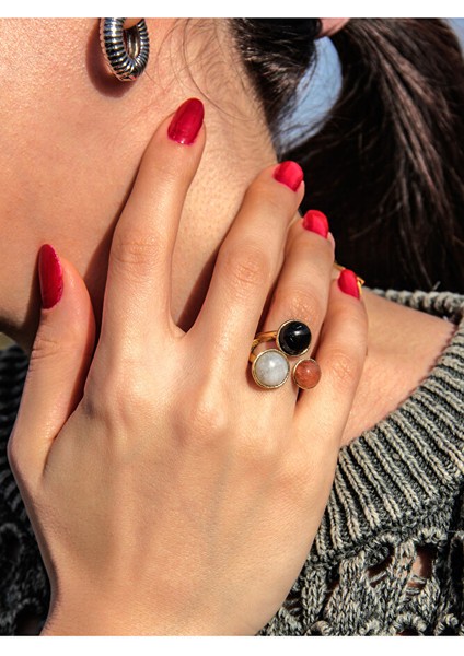 Doğal Taş 3'lü Doğal Taşlı Ayarlanabilir Kadın Yüzük Güneş Taşı Aytaşı Oniks