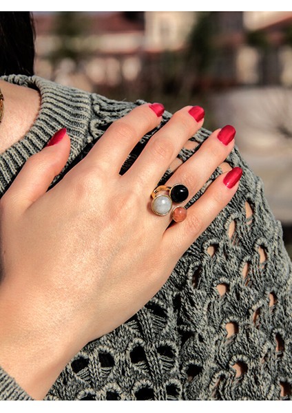 Doğal Taş 3'lü Doğal Taşlı Ayarlanabilir Kadın Yüzük Güneş Taşı Aytaşı Oniks fiyatları