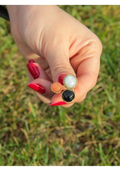 Doğal Taş 3'lü Doğal Taşlı Ayarlanabilir Kadın Yüzük Güneş Taşı Aytaşı Oniks modelleri