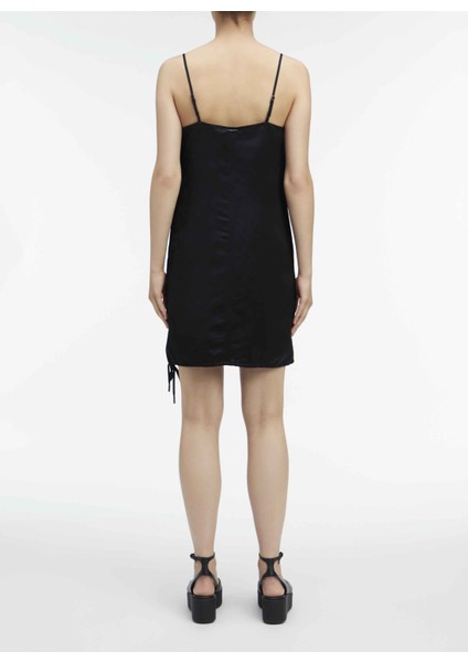 Kare Yaka Düz Siyah Kısa Kadın Elbise Vıscose Lınen Mını Slıp Dress