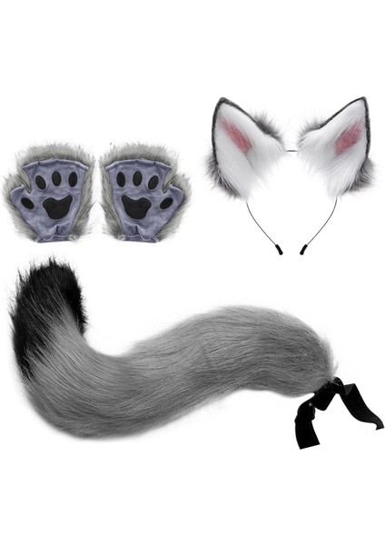 4x Peluş Kulaklar ve Kuyruk Seti Anime Cosplay Tüylü Kurt Uzun Kuyruk Cadılar Bayramı Için Gri (Yurt Dışından) modelleri