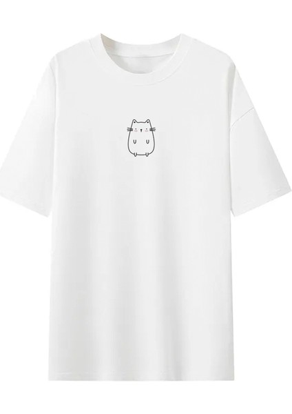 Beyaz Sevimli Kedi Oversize Unisex Tshirt