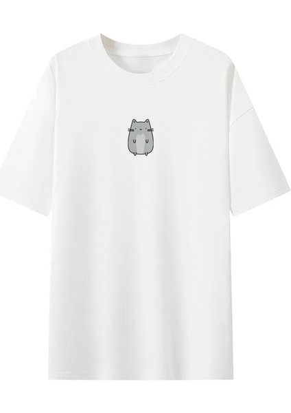 Tabby Design Gri Sevimli Kedi Oversize Unisex Tshirt