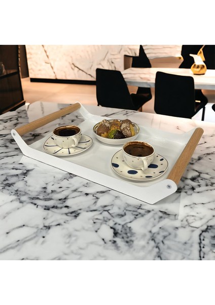 Ahşap Saplı 40X25 Dekoratif Metal Tepsi Beyaz, Sunum, Dekoratif Tepsi