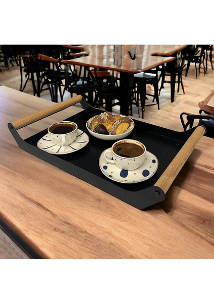 Ahşap Saplı 40X25 Dekoratif Metal Tepsi Siyah, Sunum, Dekoratif Tepsi