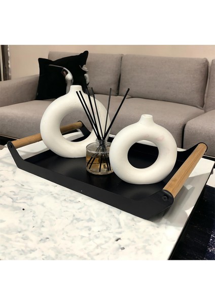 Ahşap Saplı 40X25 Dekoratif Metal Tepsi Siyah, Sunum, Dekoratif Tepsi fırsatları