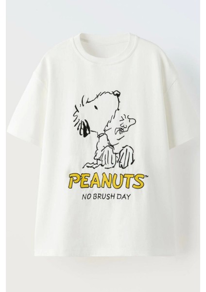 Çocuk Unisex Peanuts Baskılı Bisiklet Yaka Beyaz T-Shirt