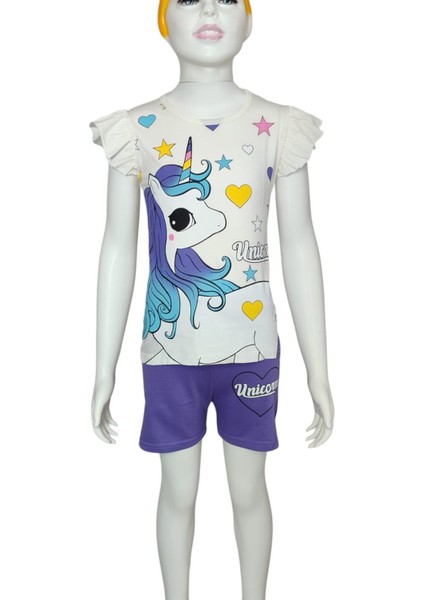 Yazlık Unicorn Baskılı Kolları Fırfır Detay Şort T-Shirt Takım
