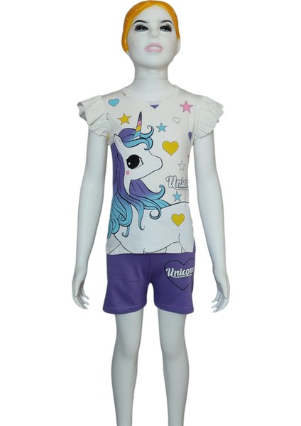 Yazlık Unicorn Baskılı Kolları Fırfır Detay Şort T-Shirt Takım