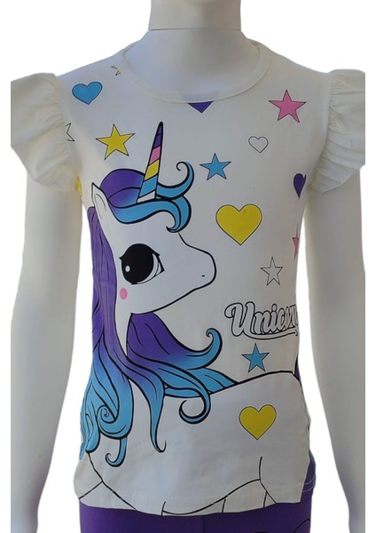Yazlık Unicorn Baskılı Kolları Fırfır Detay Şort T-Shirt Takım