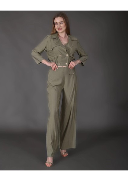 Kadın Yeni Sezon Crop Ceket Pantolon Takım