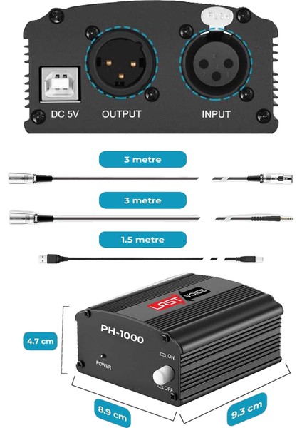 Ph-1000SX +48V Usb Phantom Power Ses Kartı (XLR Kablo 7.1 Kart 3.5 mm Jack Kablo Adaptör)