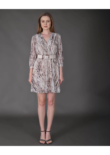 Kadın Yeni Sezon Mini Boy Desenli Truvakar Kol Kemer Detaylı Mini Elbise fiyatları