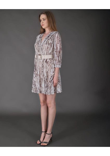 Kadın Yeni Sezon Mini Boy Desenli Truvakar Kol Kemer Detaylı Mini Elbise fırsatları