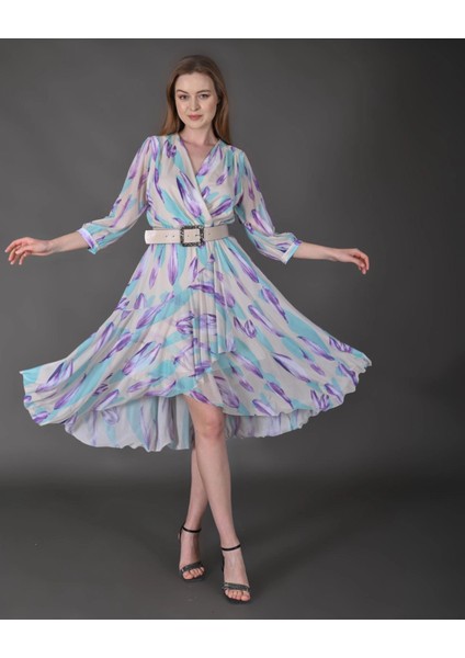 Kadın Yeni Sezon Midi Boy Desenli Truvakar Kol Kemer Detaylı Midi Elbise
