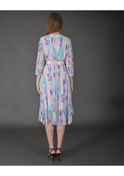 Kadın Yeni Sezon Midi Boy Desenli Truvakar Kol Kemer Detaylı Midi Elbise fırsatları