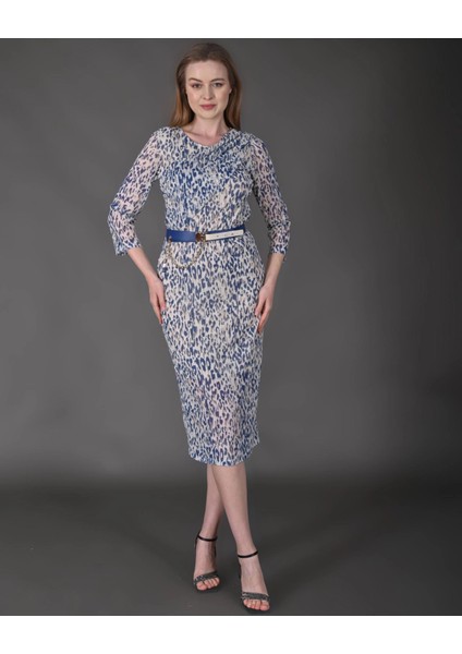 Kadın Yeni Sezon Midi Boy Dijital Desenli Truvakar Kol Kemer Detaylı Elbise