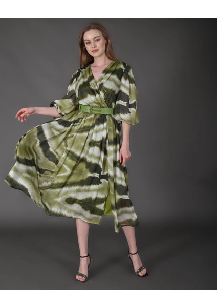 Kadın Yeni Sezon Midi Boy Ipek Şifon Dijital Desenli Truvakar Balon Kol Kemer Detaylı Elbise