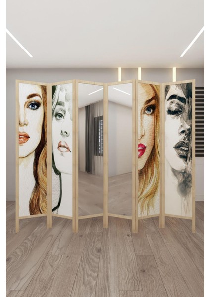 Doğal Ahşap Baskılı Ayna 6 Kanat Paravan 000020