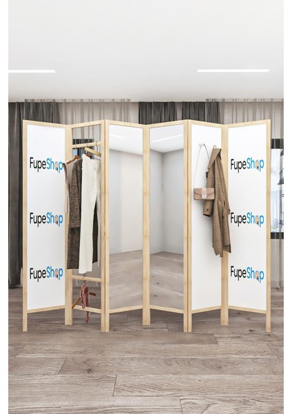 Doğal Ahşap Logo Baskılı Ayna Askılık 6 Kanat Paravan 000019