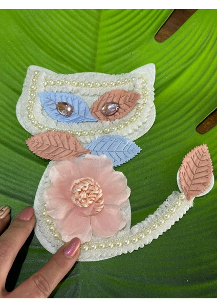 18X14 cm Taşlı Peluş Kedi Arma Dikiş Hobi Aplike Aksesuar