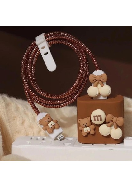 Apple iPhone 18/20 W Şarj Cihazı Uyumlu 5 Parça Şarj Koruma Seti Ayıcıklı Model