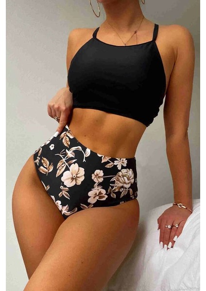 Angel Yüksek Bel Baskılı Tankini Bikini Takım Siyah MS4323