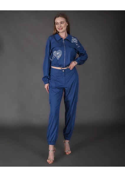 Kadın Yeni Sezon Denim Ceket Taş Detaylı Pantolon Spor Ikili Takım