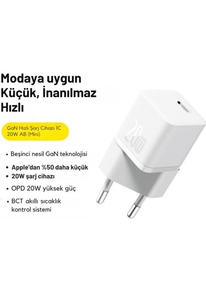 Gan5 Ultra Hızlı 20W Type C Şarj Başlığı, Ultra Küçük, Akım ve Isı Korumalı, Ateş Önleyici Adaptör