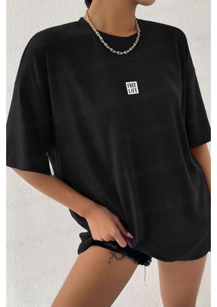 Kadın Free Life Siyah Bisiklet Yaka Oversize Salas T-Shirt fiyatları