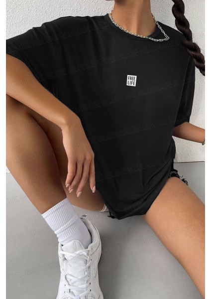 Kadın Free Life Siyah Bisiklet Yaka Oversize Salas T-Shirt modelleri