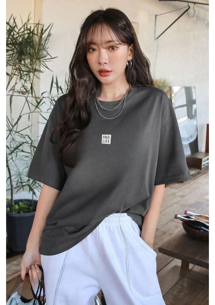 Kadın Free Life Füme Bisiklet Yaka Oversize Salas T-Shirt