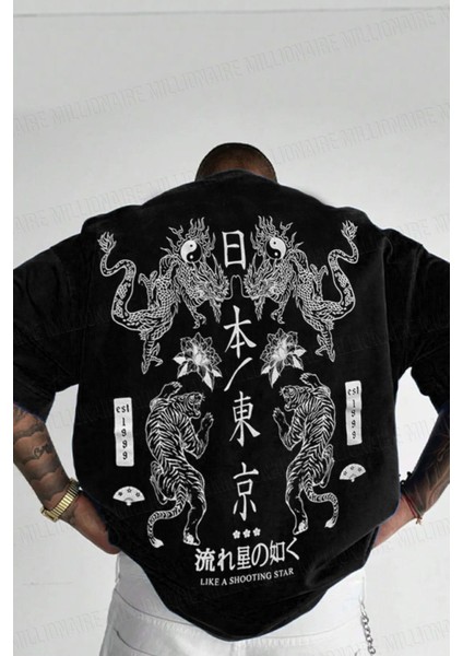 Erkek Dragon Baskılı Siyah Bisiklet Yaka Oversize Salaş T-Shirt