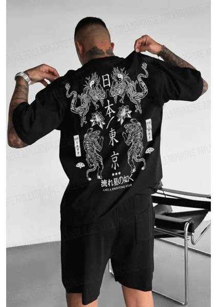 Erkek Dragon Baskılı Siyah Bisiklet Yaka Oversize Salaş T-Shirt fiyatları