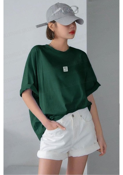 Kadın Free Life Nefti Bisiklet Yaka Oversize Salas T-Shirt