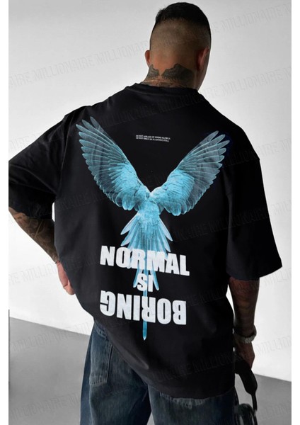 Erkek Siyah Normal Is Boring Bisiklet Yaka Oversize Salaş T-Shirt