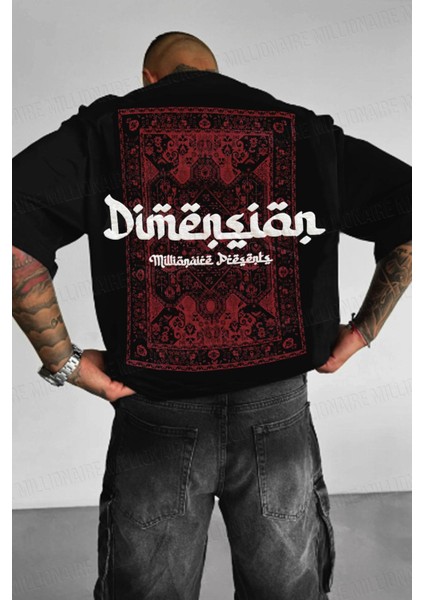 Erkek Dimension Kabaran Baskılı Siyah Bisiklet Yaka Oversize Salaş T-Shirt