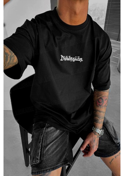 Erkek Dimension Kabaran Baskılı Siyah Bisiklet Yaka Oversize Salaş T-Shirt modelleri