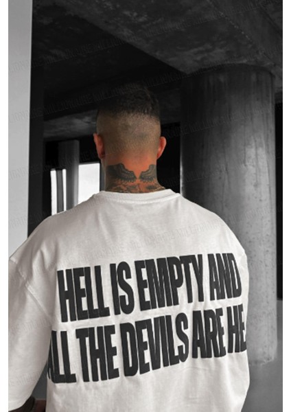 Erkek Hell & Devil Kabaran Baskı Ekru Bisiklet Yaka Oversize Salas T-Shirt modelleri