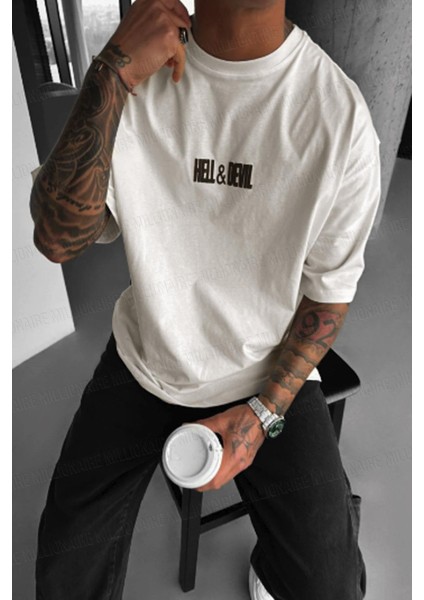 Erkek Hell & Devil Kabaran Baskı Ekru Bisiklet Yaka Oversize Salas T-Shirt fiyatları