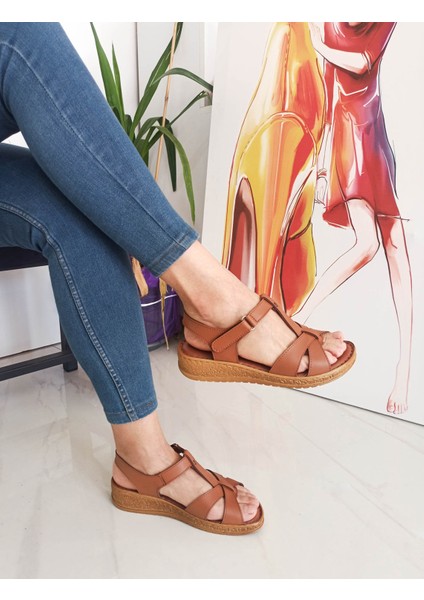 Taba Renk Bilekten Bantlı Kemerli Düz Taban Kadın Sandalet fiyatları