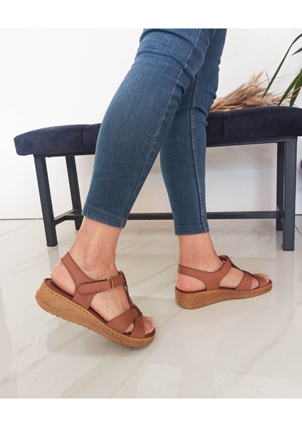 Taba Renk Bilekten Bantlı Kemerli Düz Taban Kadın Sandalet indirimleri