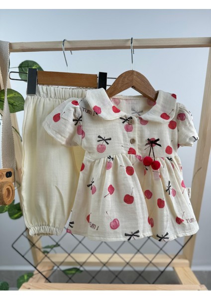 Kiraz Detaylı Müslin Kız Bebek Ikili Takım fırsatları