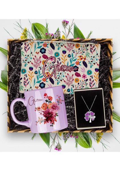Kişiye Özel Çiçek Tasarım Kupa & Makyaj Çantası & Kişiye Özel Şans Yoncası Kolye Hediye Kutusu 113170